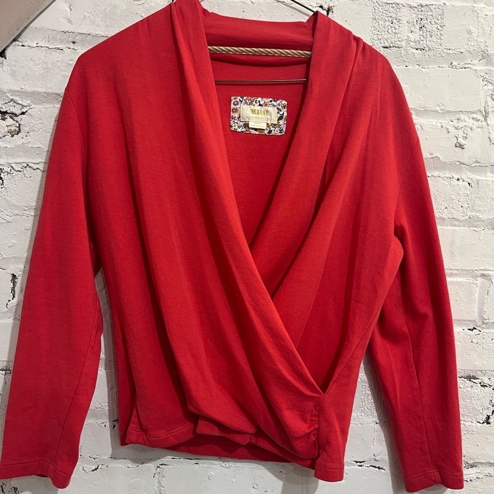 Maeve Red Wrap Top Draped Surplice V Neck Long Sleeve Anthropologie Size Medium